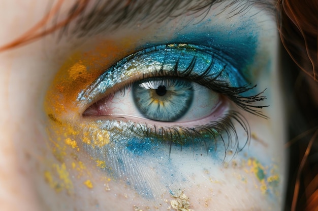 Eye Makeup Nahaufnahme von blauem Auge mit farbenfrohem kosmetischem Make-up