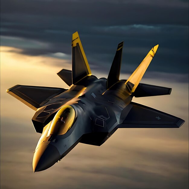 Foto f-22 raptor: céu amarelo escuro voando gerado por ia