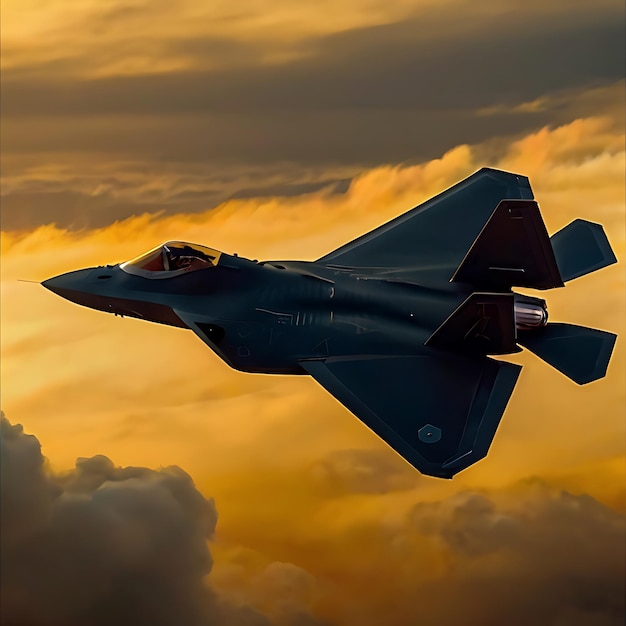 Foto f-22 raptor: cielo amarillo oscuro generado por la ia