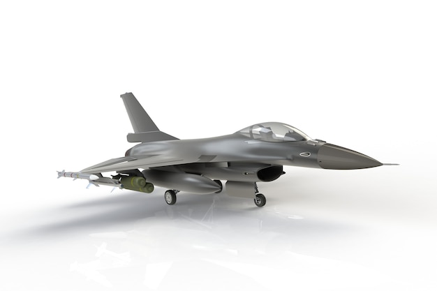 F16, avión de combate militar americano en el fondo blanco, representación 3D