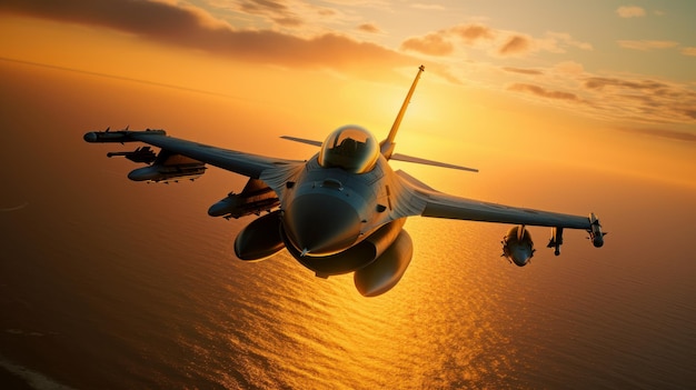 F16-Kämpfer der Luftwaffe fliegen über dem Ozean, wunderschöner Sonnenuntergang über dem Horizont im Hintergrund, Jet-Militärflugzeuge patrouillieren im Gebiet und führen einen Trainingsflug durch.