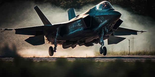 F35 futurista con motores de propulsión de iones azules despegando en una pista AIGenerated