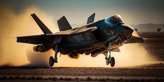 F35 futurista con motores de propulsión de iones azules despegando en una pista AIGenerated