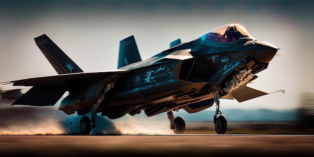 F35 futurista con motores de propulsión de iones azules despegando en una pista AIGenerated