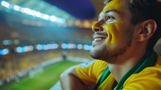 Foto fã brasileiro entusiasmado com rosto pintado nas cores da bandeira em um estádio de futebol
