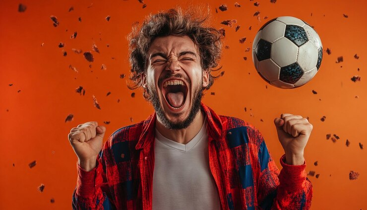 Foto fã de esportes louco com bola de futebol em fundo sólido