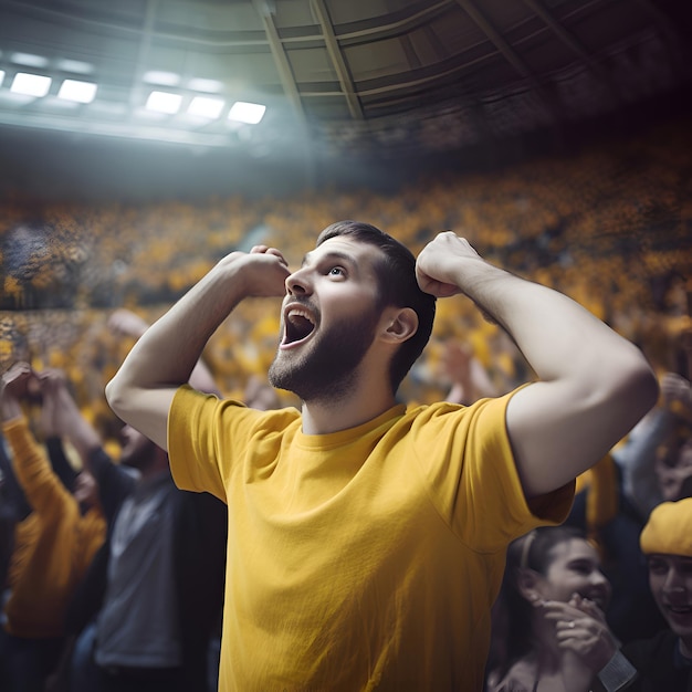 Foto fã de futebol animado em camiseta amarela gritando com as mãos levantadas