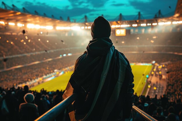 Foto fã de futebol ou torcedor de futebol com bandeira torcendo enquanto vence a partida generative ai