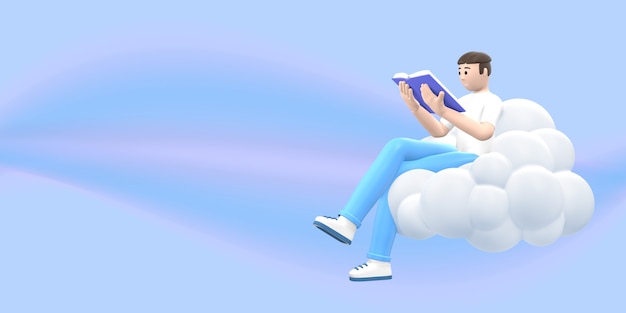 Fã de literatura que um rapaz no céu em uma nuvem está lendo um livro.