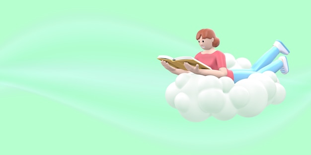 Fã de literatura que uma jovem garota no céu em uma nuvem está lendo um livro. Renderização em 3D.