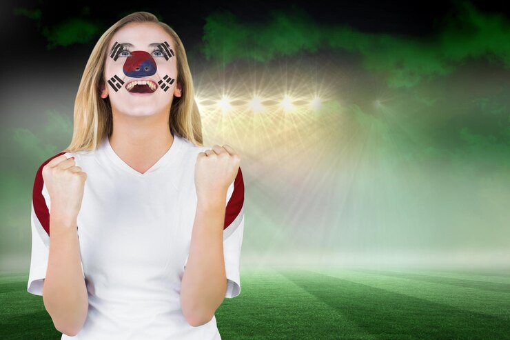 Foto fã entusiasmado da coreia do sul com pintura facial torcendo contra o campo de futebol sob o céu verde e holofotes