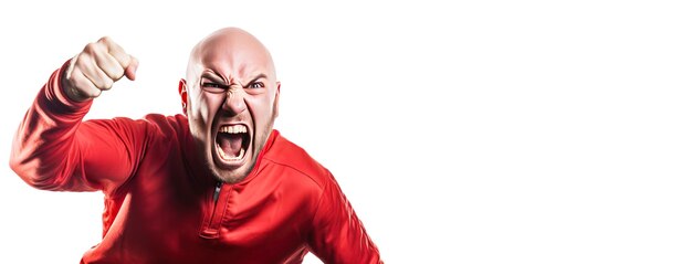 Foto fã esportivo masculino emocionalmente excitado do campeonato em um uniforme de clube de fundo branco isolado