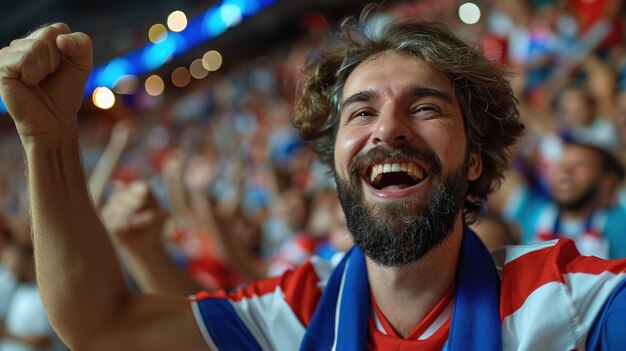 Foto fã extasiado no estádio aplaudindo com o punho levantado