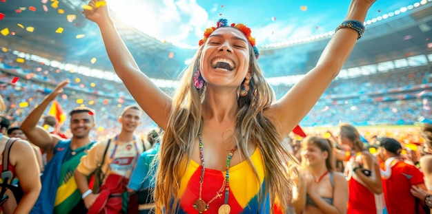 Fã feliz na arena de futebol