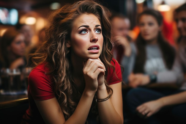 Fã jovem em um bar de esportes assistindo o campeonato de futebol