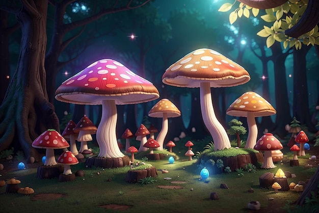 Fabelhafte große Pilze in einem magischen Wald Fantasy-Pilze 3D-Rendering Raster-Illustration