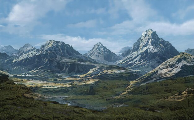 Fabelhafte Magie Panoramische Landschaftsberge, atemberaubende Aussicht auf die Berggipfel. Magisches Naturtal der Berge und Kämme. Illustration