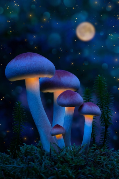 Fabelhafte Welt der leuchtenden Pilze Leuchtende Pilze im Nachtwald