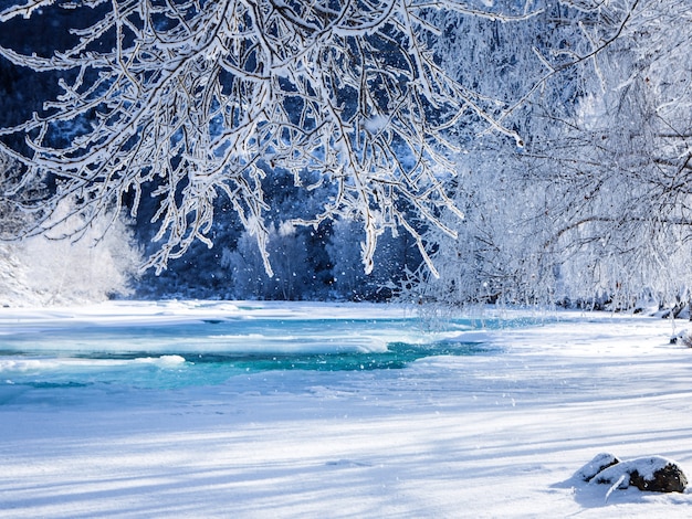 Fabelhafte Winterlandschaft am Fluss.