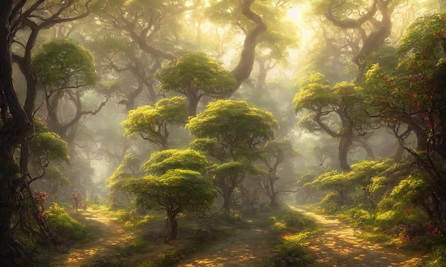 Fabelhafter mysteriöser Wald magischer Bäume Sonnenstrahlen brechen durch Laub und Zweige von Bäumen Pfad durch Dickicht des Waldes 3D-Illustration