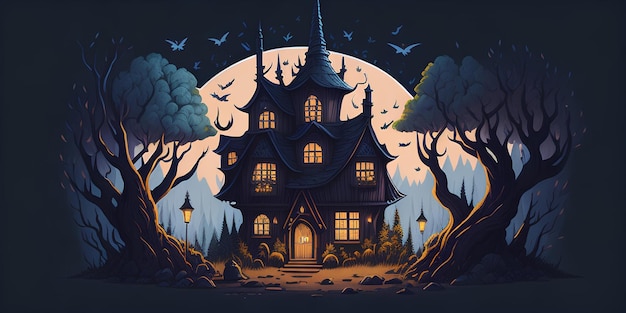 Fabelhaftes großes Holzhaus im Wald auf einem dunklen Nachthintergrund mit einem großen Mond Fantasie-Illustration Ai-Generation