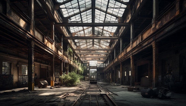 Fábrica abandonada, metal enferrujado, janelas quebradas, atmosfera assustadora, ponto de fuga gerado por IA