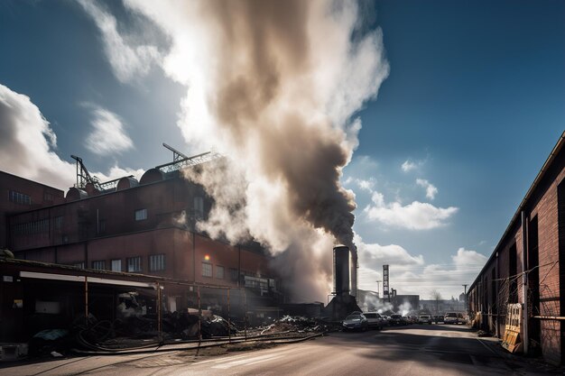 Una fábrica arrojando humo tóxico al aire en las calles de la ciudad ai generativo