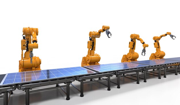 Fábrica de automatización con línea de montaje de robots que produce paneles solares.