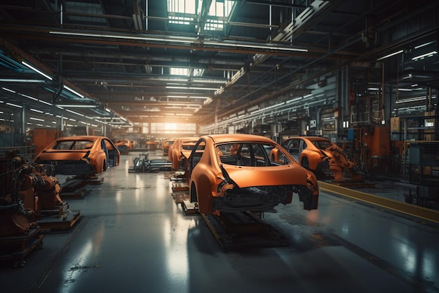 Una fábrica de automóviles con muchos automóviles en la línea de montaje IA generativa