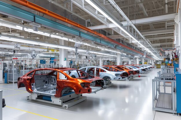 Fábrica de automóviles con trabajadores y máquinas que producen automóviles a toda velocidad