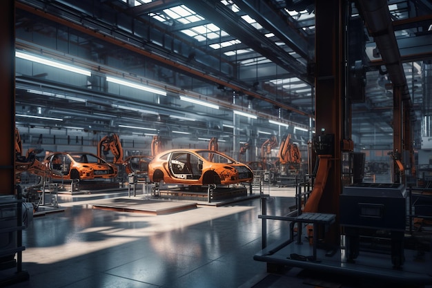 Una fábrica con autos naranjas al fondo.