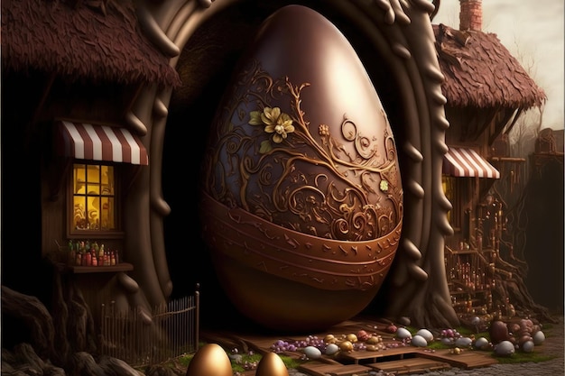 Fábrica de chocolate en el mundo de la fantasía Fábrica gigante de huevos de Pascua Ilustración digital IA