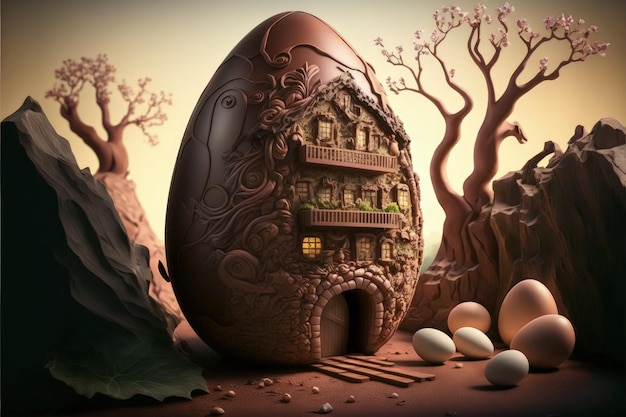 Fábrica de chocolate en el mundo de la fantasía Fábrica gigante de huevos de Pascua Ilustración digital IA