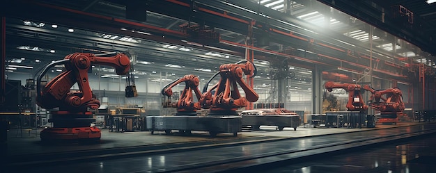 una fábrica con coches construidos por robots al estilo de acabados metálicos