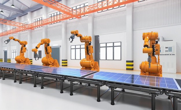 Fábrica de automação com linha de montagem de robôs produz painéis solares