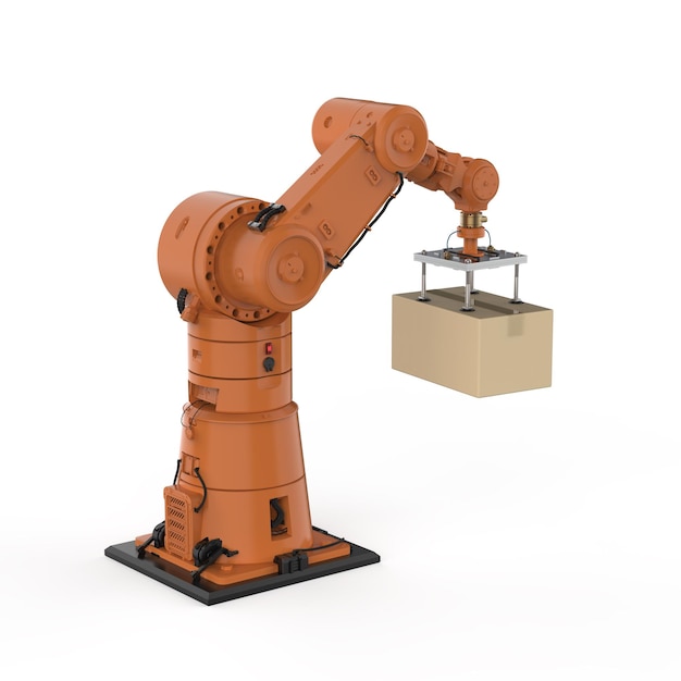 Fábrica de automação ou carga com braço robótico de renderização 3d carregam caixa de papelão