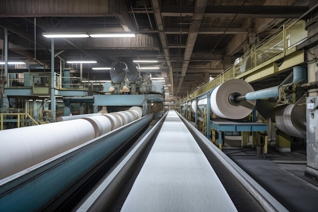 Fábrica de celulose e papel com correias transportadoras transportando rolos de papel criados com IA generativa