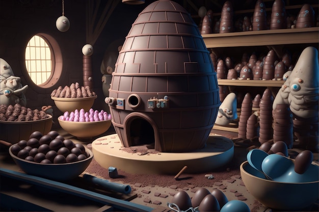 Fábrica de chocolate em mundo de fantasia fábrica gigante de ovos de Páscoa ilustração digital AI