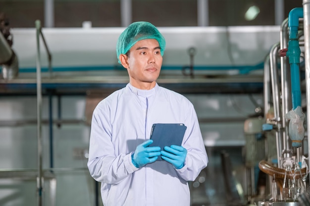 Fábrica de engenheiros asiáticos Tecnólogo profissional usando tablet na planta de produção, verificando a produtividade e a qualidade