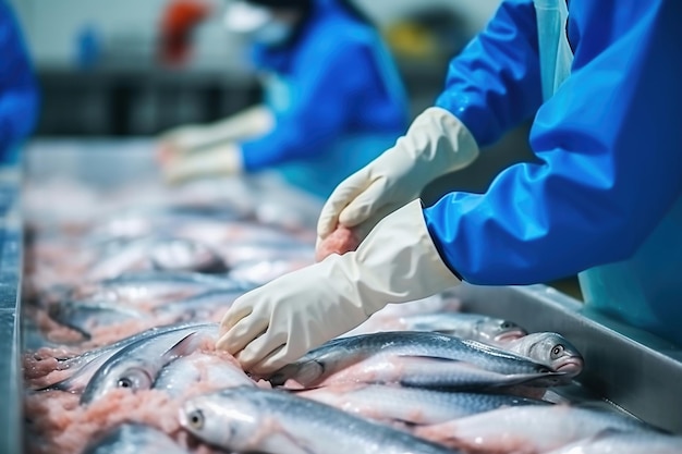 Fábrica de processamento de peixe As pessoas classificam o peixe que se desloca ao longo do transportador Classificação e preparação do peixe