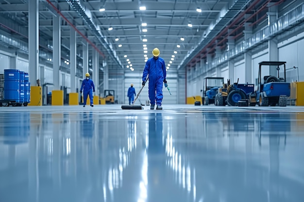 En una fábrica, los empleados de una empresa de limpieza vestidos con un mono azul pulen el espacio del piso con epoxi fresco. IA generativa