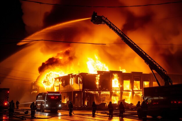 Foto fábrica envuelta en fuego por la noche con bomberos en acción