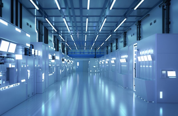 Fábrica de fabricación de semiconductores futurista azul o interior de laboratorio con máquina y pantalla de computadora