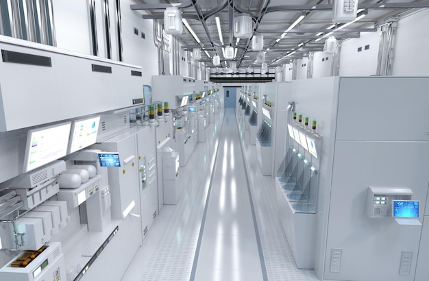 Fábrica de fabricación de semiconductores futurista blanca o interior de laboratorio con máquina y pantalla de computadora