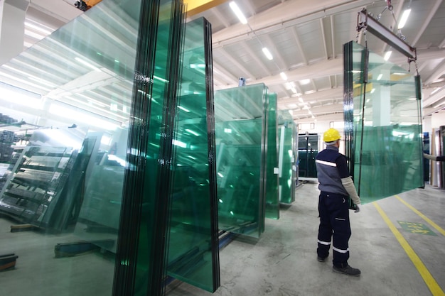 Foto fábrica de fabricación de vidrio trabajadores en la fábrica