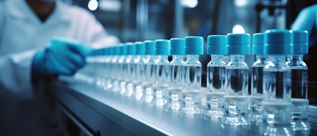 Foto fábrica farmacêutica com transportador de garrafas de vidro e ampolas imagem em close-up de ampolas de vidro