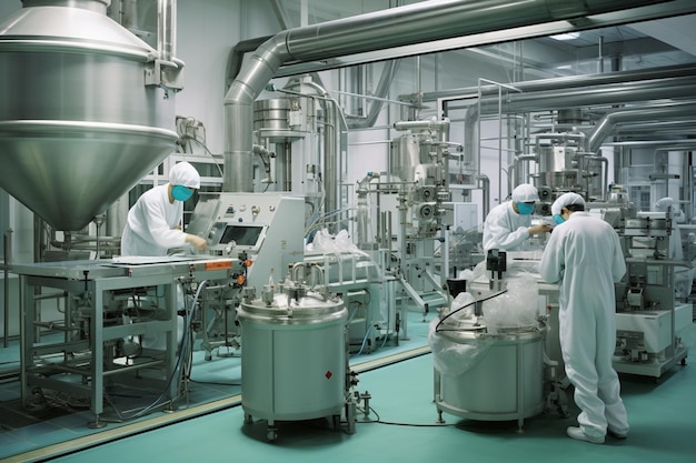 Fábrica farmacéutica donde los trabajadores realizan diversos procesos de amasado y mezcla de ingredientes para