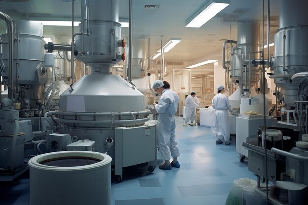 Foto fábrica farmacéutica donde los trabajadores realizan diversos procesos de amasado y mezcla de ingredientes para