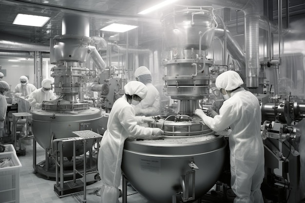 Fábrica farmacêutica onde os trabalhadores realizam vários processos de amassar e misturar ingredientes para