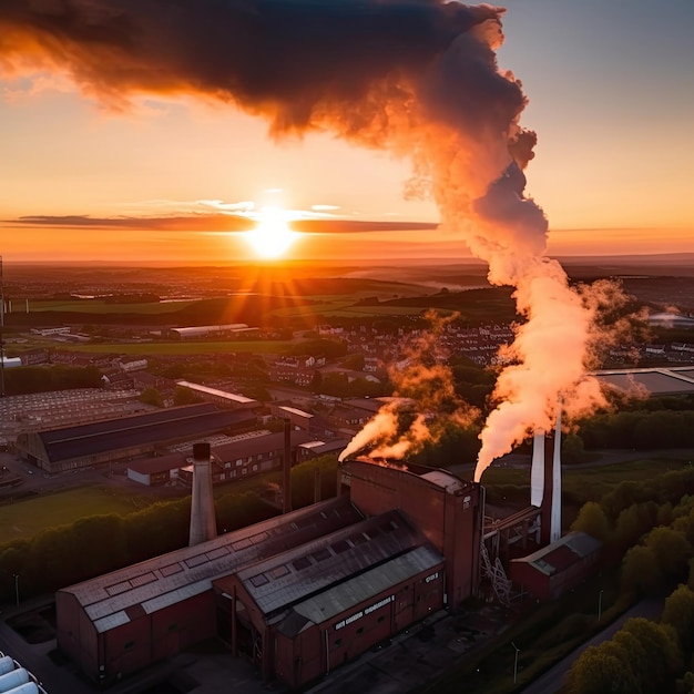 Fábrica con humo saliendo de las chimeneas con fondo de puesta de sol